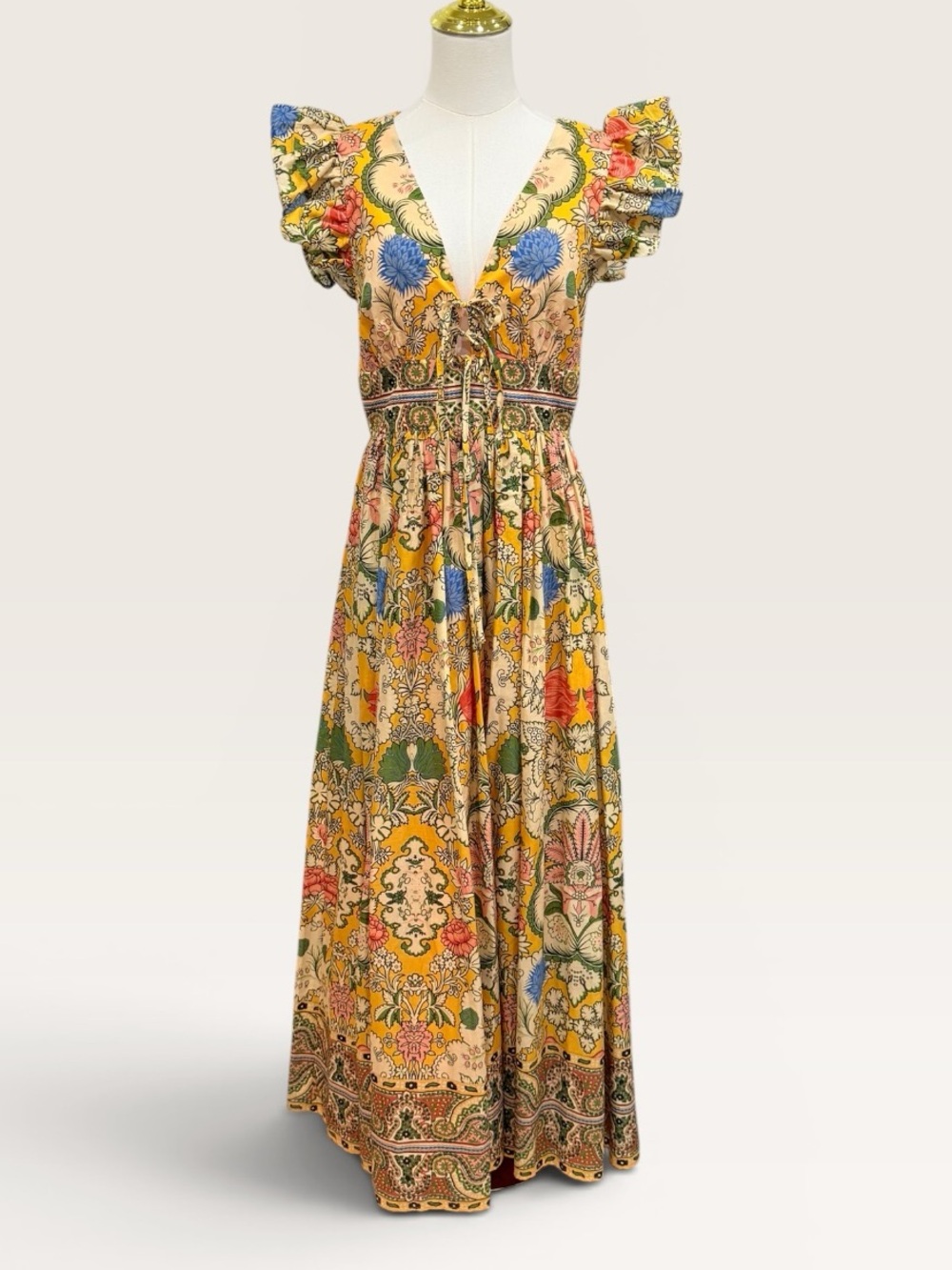 A Loves A Small Sunflower Yellow Floral Print Deep V-Neck Cotton Maxi Dress NWT